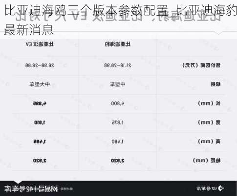 比亚迪海鸥三个版本参数配置_比亚迪海豹最新消息