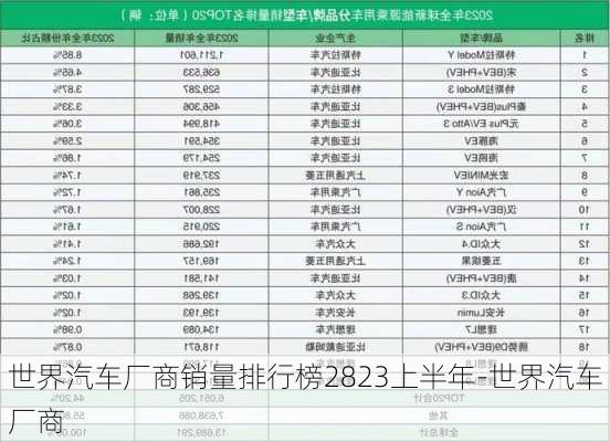 世界汽车厂商销量排行榜2823上半年-世界汽车厂商